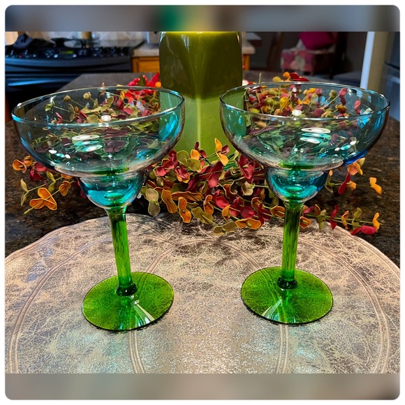 Unbranded Other - Pair of Hand Blown Blue & Green Margarita Glasses-EUC!!!